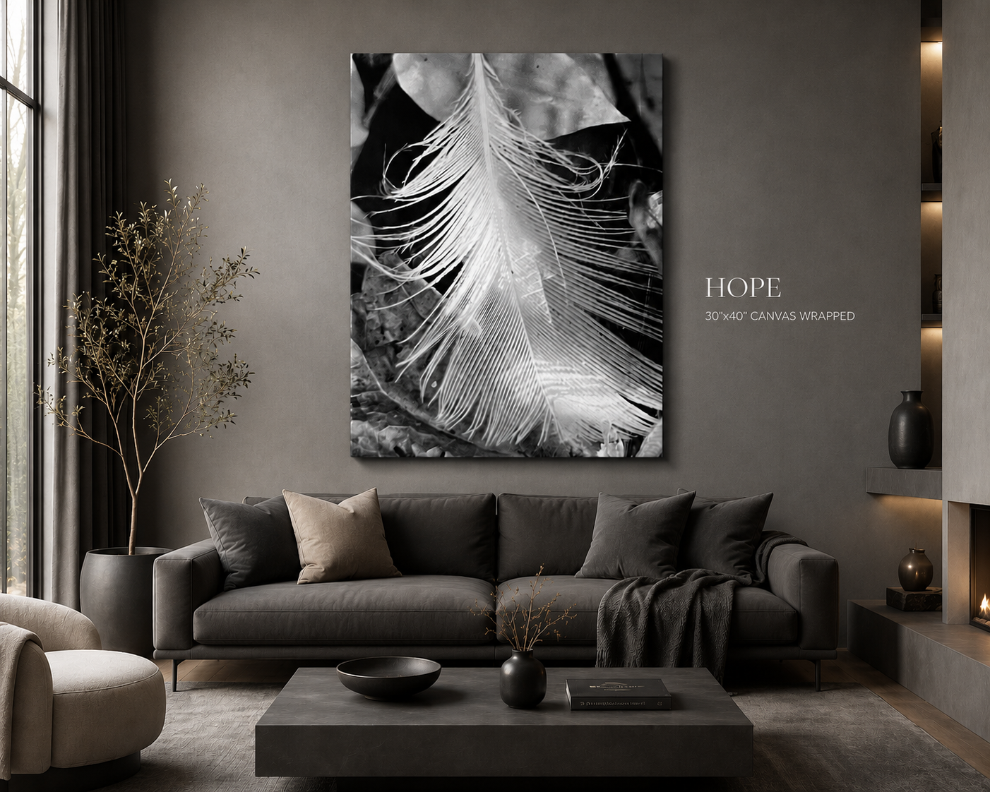 Statement Piece HOPE– Minimalist Black & White Feather Statement Piece 30x40