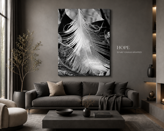 Statement Piece HOPE– Minimalist Black & White Feather Statement Piece 30x40